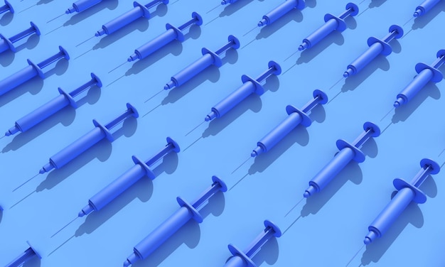 Rows of vaccination syringes lined up on a blue background d rendering