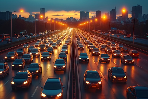 Rows of vehicles traffic up on the roadway throughout the night