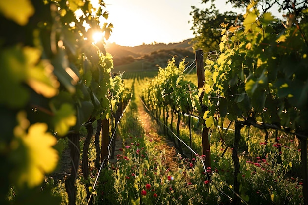 Rows of vineyards at sunset Rows of vineyards in spring