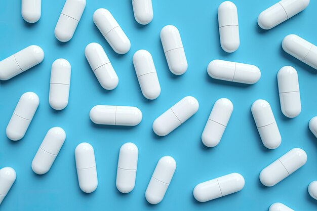 Rows of white pills or capsules are arranged diagonally against a blue backdrop