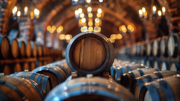 Photo rows of wine barrels in wine cellar