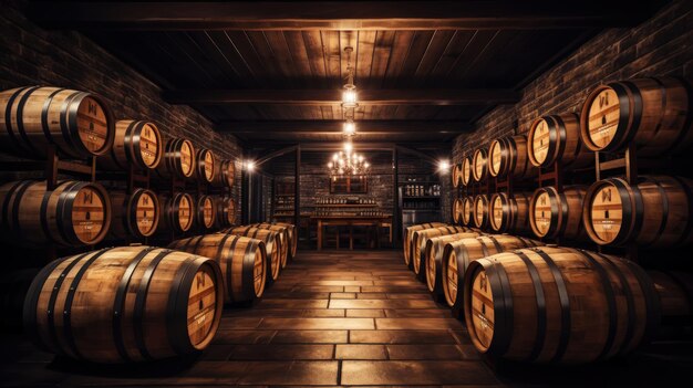 Rows of wine barrels in winevaults in order Cellar with French barrique wine casks Generative AI