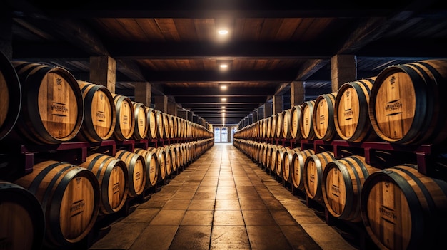 Rows of wine barrels in winevaults in order Cellar with French barrique wine casks Generative AI