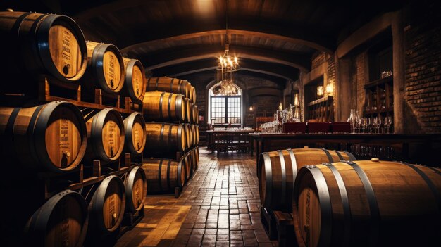 Rows of wine barrels in winevaults in order Cellar with French barrique wine casks Generative AI