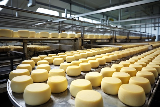 Rows of yellow cheese wheels maturing in a factory setting highlighted by industrial shelves and a cool sterile ambiance fitting for culinary or industrial content