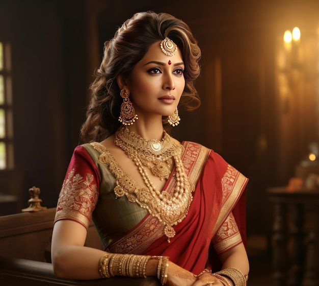 A royal beautiful lady wearing traditional indian cloth generative ai