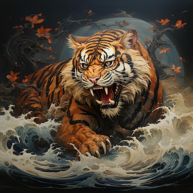 Royal Bengal tiger in jungle artwork fantasy background image AI generated art