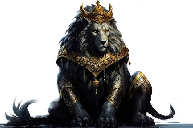 The Royal Black lion with luxury dress costume Close up King lion on white background Generative AI
