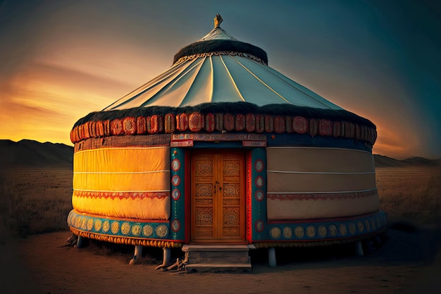 Royal colorful yurt of nomads in village in desert