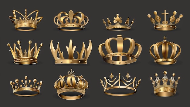 Royal crown set isolated on transparent background Modern realistic illustration of royal symbols jewelry with shiny glossy surfaces medieval treasures king or queen accessories