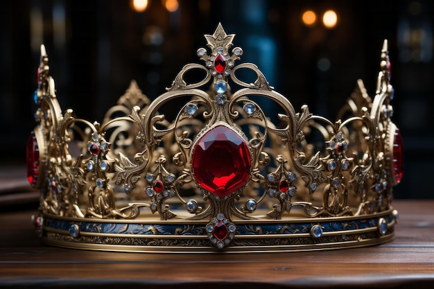 Royal crown with red gems Ruby garnet Symbol of power and authority High quality photo