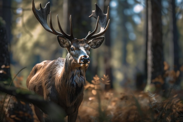 A royal deer with big antlers in the woods AI generated