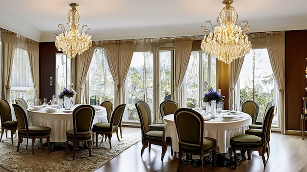 Royal dining room with wooden furniture and chandeliers of traditional classic style dining room