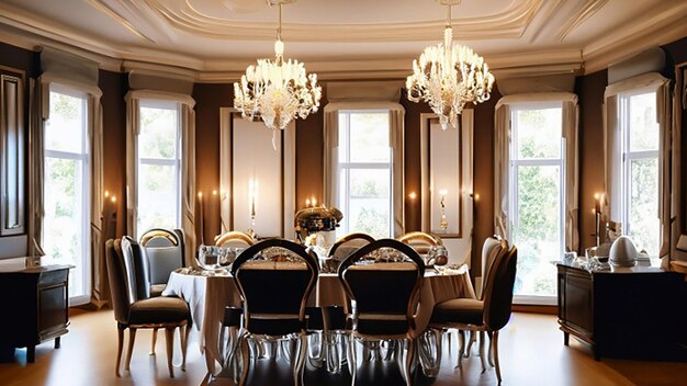 Royal dining room with wooden furniture and chandeliers of traditional classic style dining room