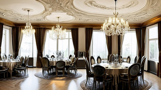 Royal dining room with wooden furniture and chandeliers of traditional classic style dining room