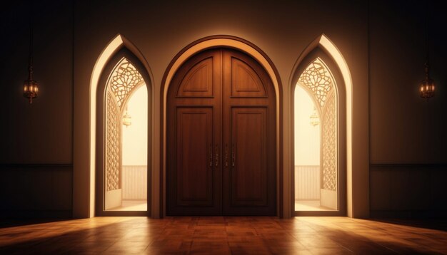 モスク入口の神聖な門を持つロイヤルエレガントなランプ ラマダンカリームイードムバラクジェネレーティブアイ
