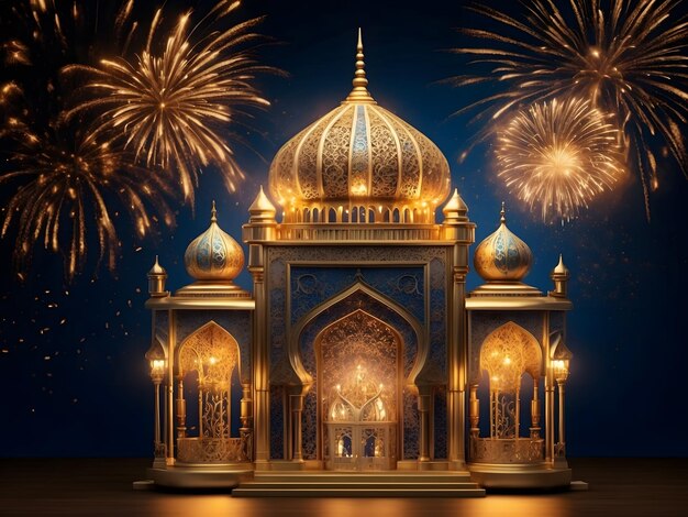 Royal elegant lamp with mosque holy gate and fireworks majestic elaborate details gold accents