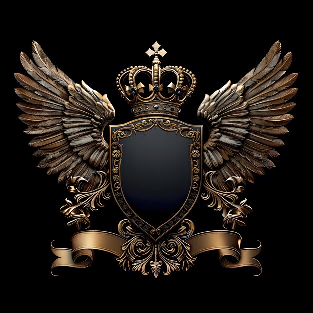 Royal emblem consisting of crown shield ribbon and angel wings