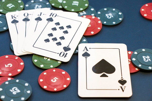 Royal flush cards. Card game, cards on the table. Poker and blackjack, play cards.