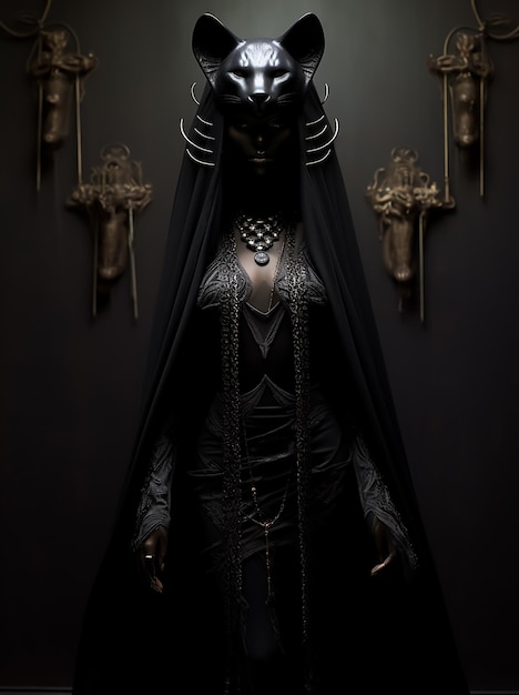 王室の女神 黒い猫 完全な黒い衣装を着た女性 王座に座る 暗いファンタジー
