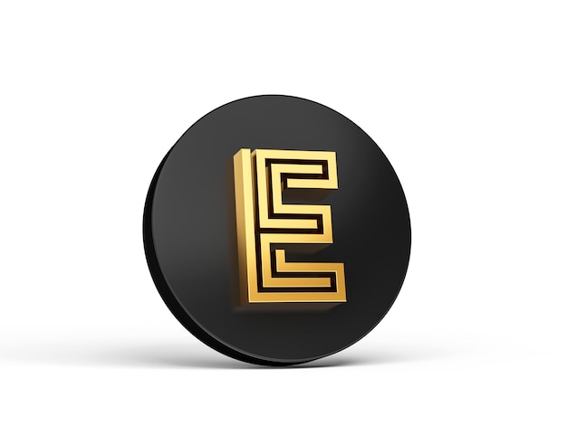 Royal Gold Modern Font Elite 3D Alphabet Letter E on Black 3d button icon 3d Illustration