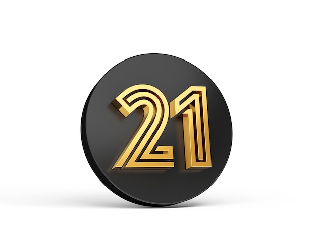 Royal Gold Modern Font Elite 3D Digit Letter 21 twenty One on Black 3d button icon 3d Illustration