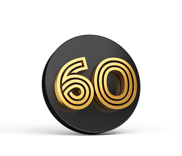 Royal Gold Modern Font Elite 3D Digit Letter 60 Sixty on Black 3d button icon 3d Illustration