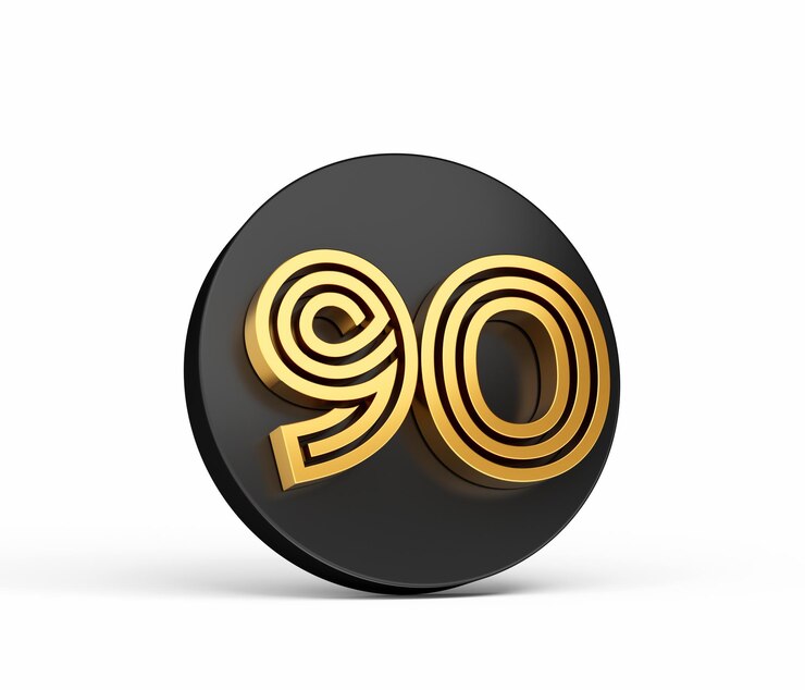 Royal Gold Modern Font Elite 3D Digit Letter 90 Ninety on Black 3d button icon 3d Illustration