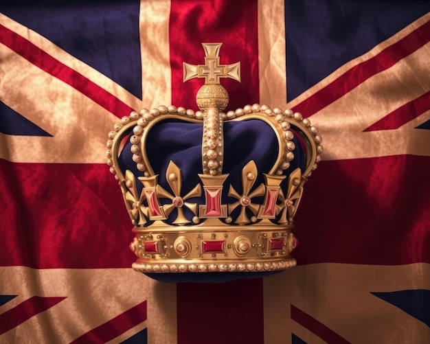 Photo the royal golden crown on british flag background is showcased generative ai