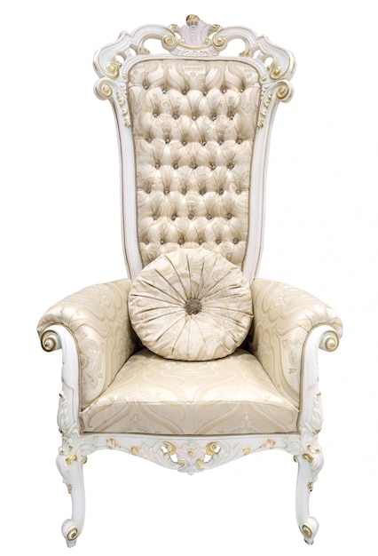 Royal king throne. Ivory armchair in baroque style decorated with semiprecious stones.