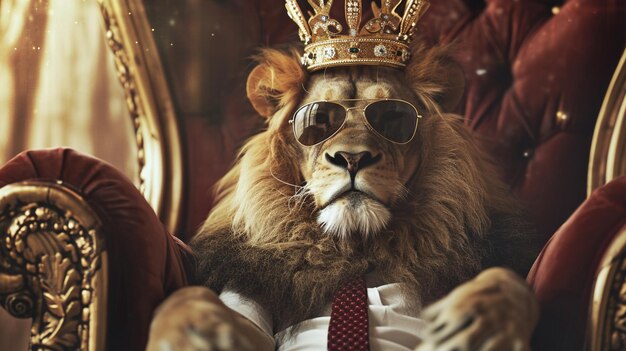 Royal lion wearing tie with crown and sunglasses sitting on a throne closeup AI Generative