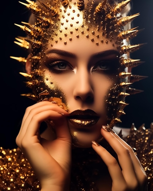 Royal queen fashion model in full makeup and Golden nails accessories on her skin and body