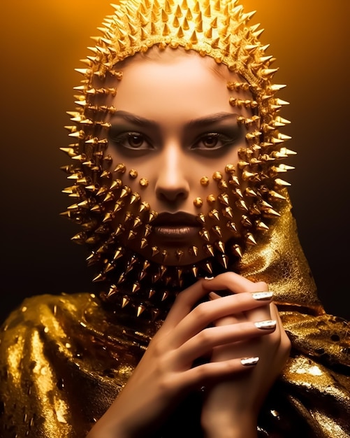 Royal queen fashion model in full makeup and Golden nails accessories on her skin and body