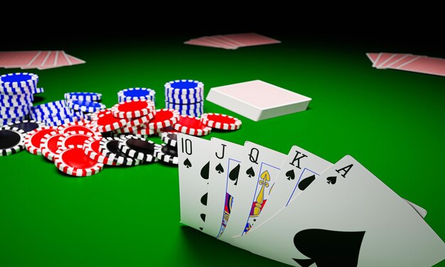 Royal Straight Flush kaart gezicht In poker gokken in een casino of online gokken Vorm kaarten en wed met chips in plaats van contant All in met alle inzetten 3D Rendering