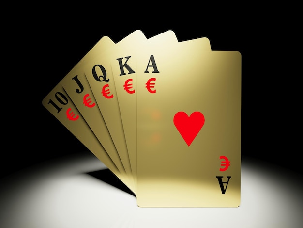 A royal straight flush playing cards poker hand with money symbol