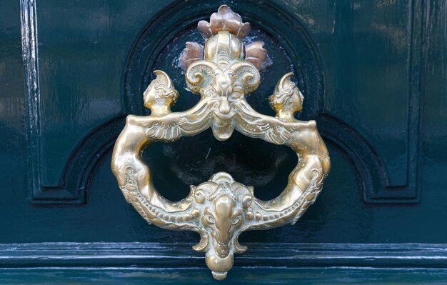 Royal style doorknocker on green door Paris