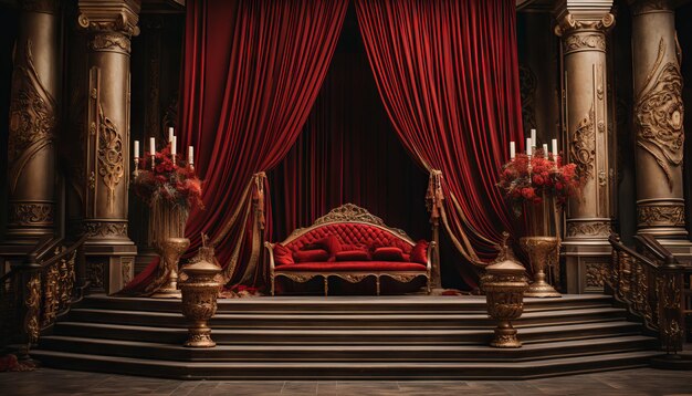 royal themed wedding stage with a backdrop of luxurious red velvet drapes and gold tassels
