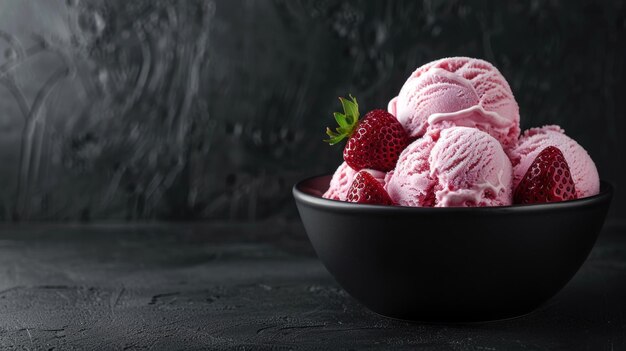 Roze aardbeien ijs in een zwarte kom.