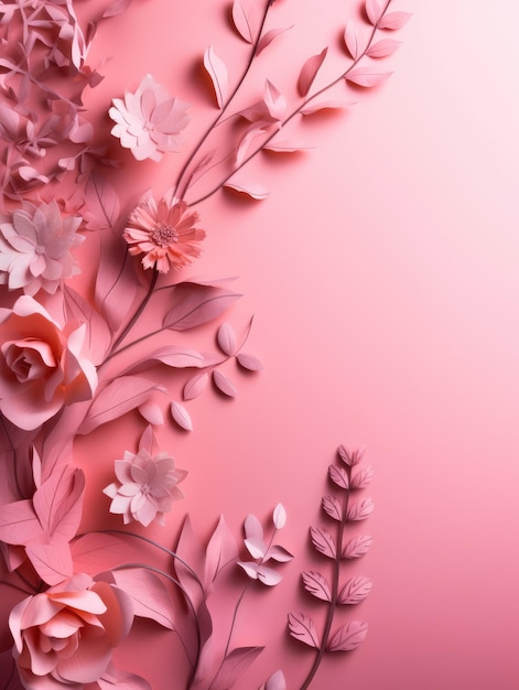 Roze achtergrond met bloemen en bladeren generatieve ai