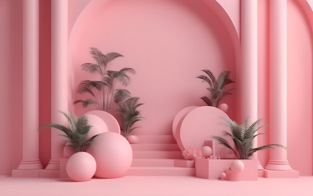 roze achtergrond met een boog en palmbomen