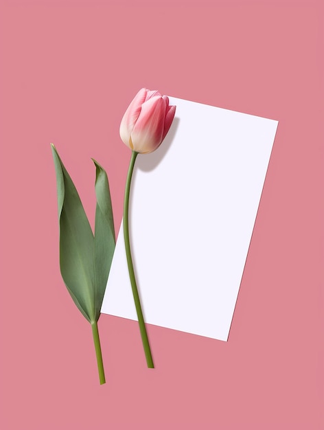 Roze achtergrond met een tulp en een blanco papier