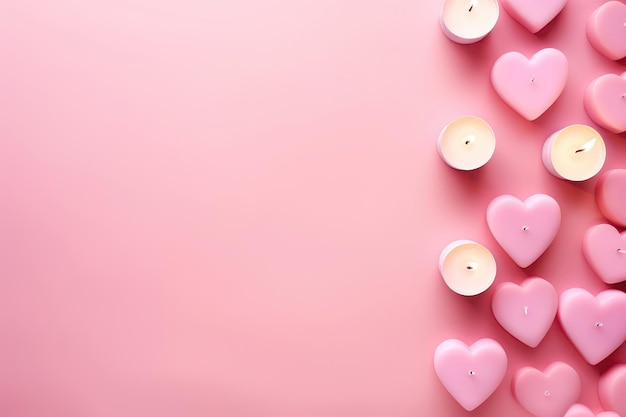 Roze achtergrond met lege ruimte met roze hartvormige kaarsen onder bovenaanzicht Generatieve AI