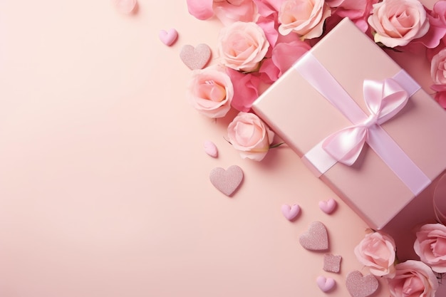 Foto roze achtergrond voor valentijnsdag met geschenken en harten