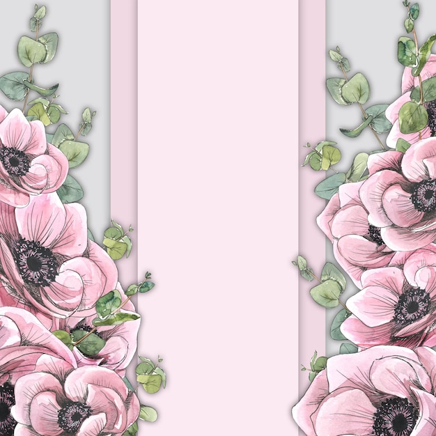 Roze anemoonbloemen met eucalyptustakjes Aquarelillustratie in schetsstijl met grafische elementen Bord uit een grote set van PARIJS Voor het ontwerpen en decoreren van ansichtkaartenposters