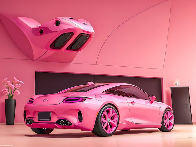 roze auto drijft op pastel achtergrond Generatieve AI