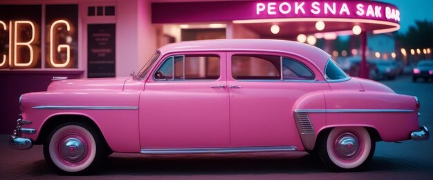 Foto roze auto geparkeerd voor het gebouw.