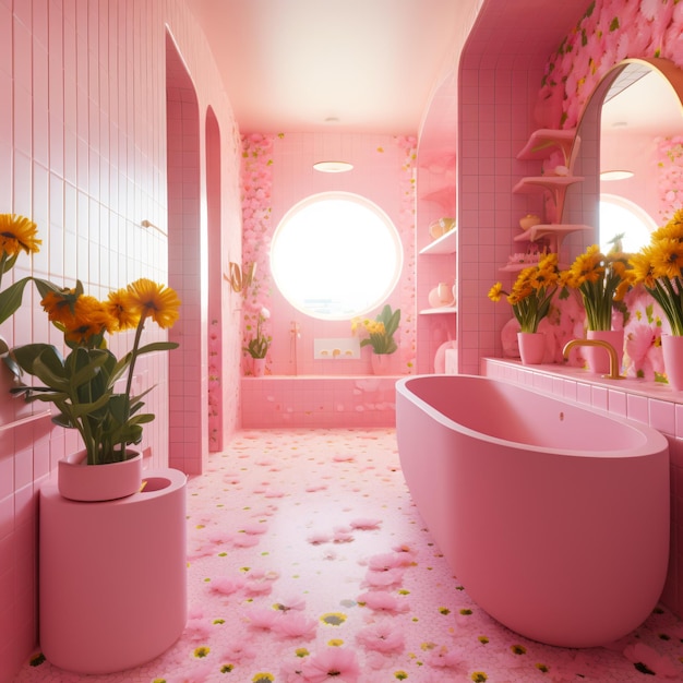 Roze badkamer met een kleurrijk thema.