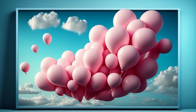 Roze ballonnen en pluizige wolken in de blauwe lucht