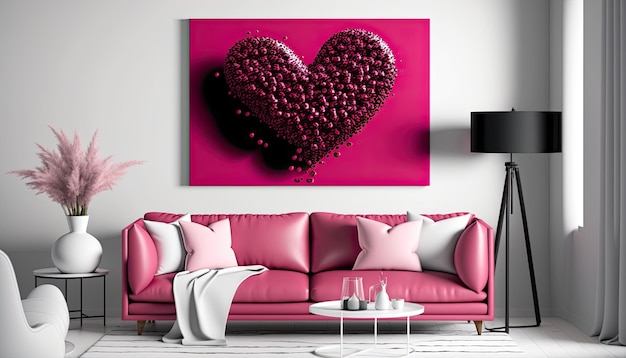 Roze bank en een groot hart aan de muur Valentijnsdag Vintage Style 3d Generative AI