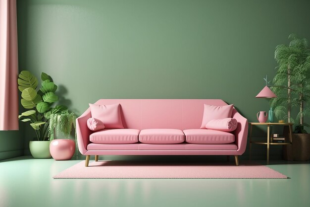 Roze bank in de groene woonkamer 3D rendering